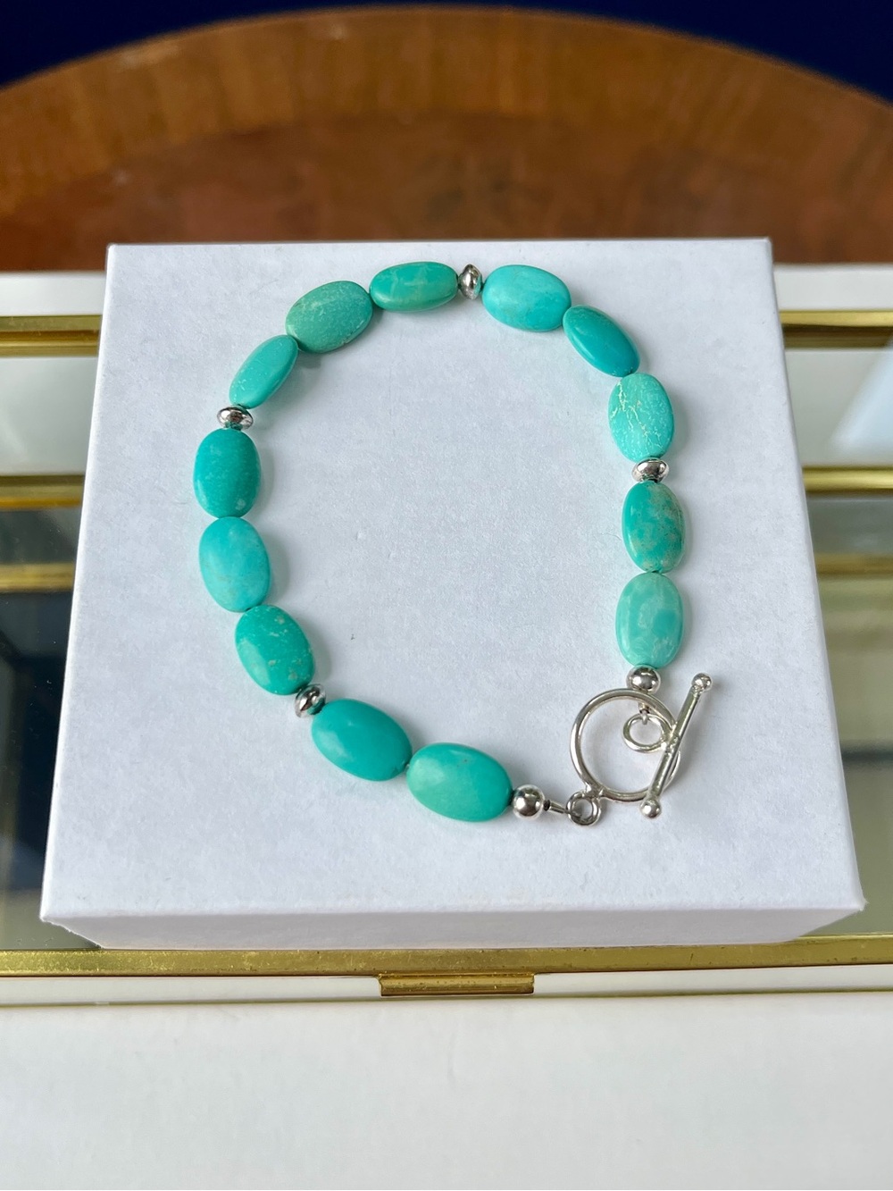 Turquoise & Silver Bead Bracelet w/ Toggle Clasp